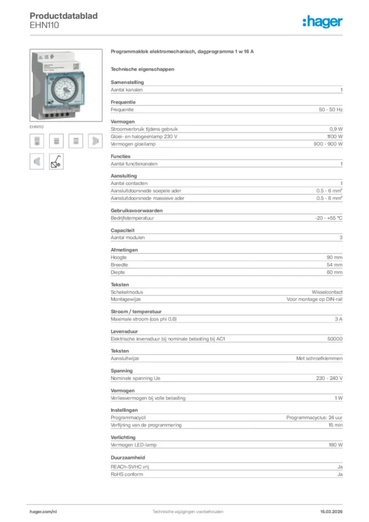 Afbeelding Hager Productdatablad EHN110 | Hager Nederland
