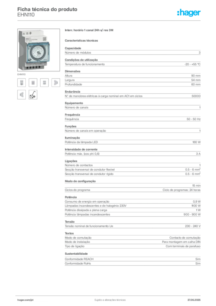 Imagem Hager Ficha técnica do produto EHN110 | Hager Portugal