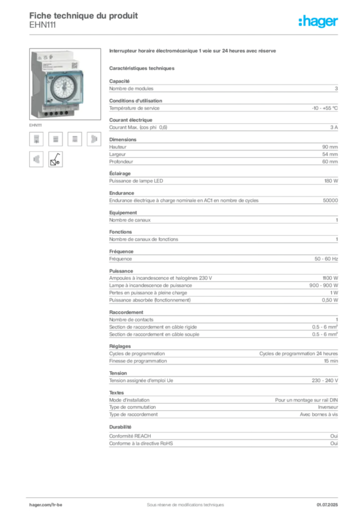 Image Hager Fiche technique du produit EHN111 | Hager Belgique