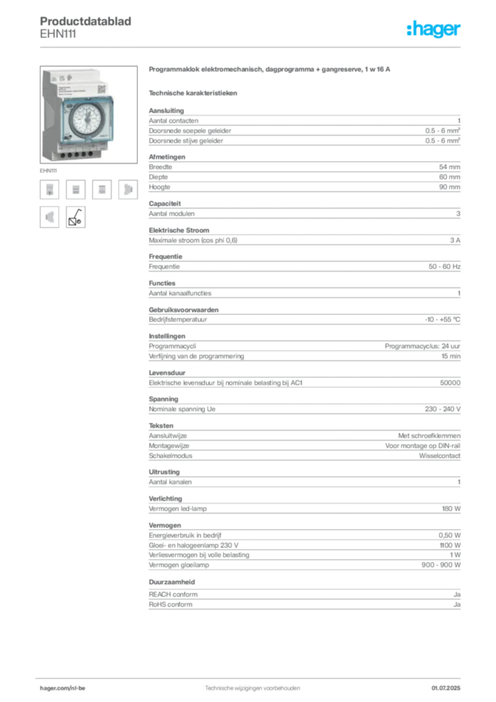Afbeelding Hager Productdatablad EHN111 | Hager Belgium