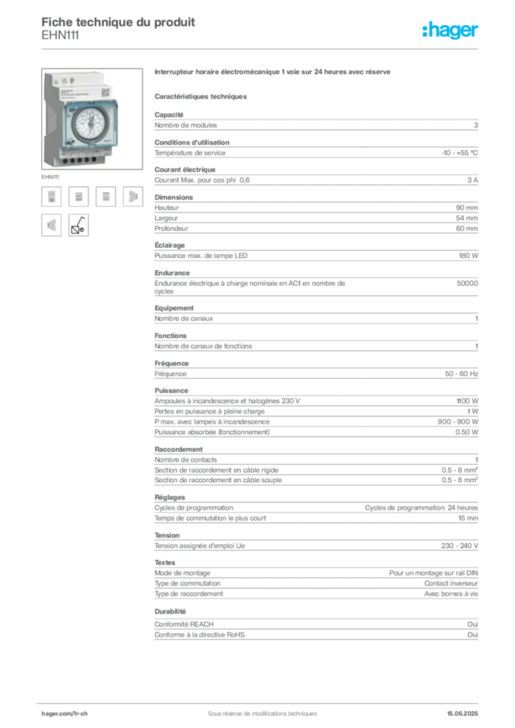 Image Hager Fiche technique du produit EHN111 | Hager Suisse