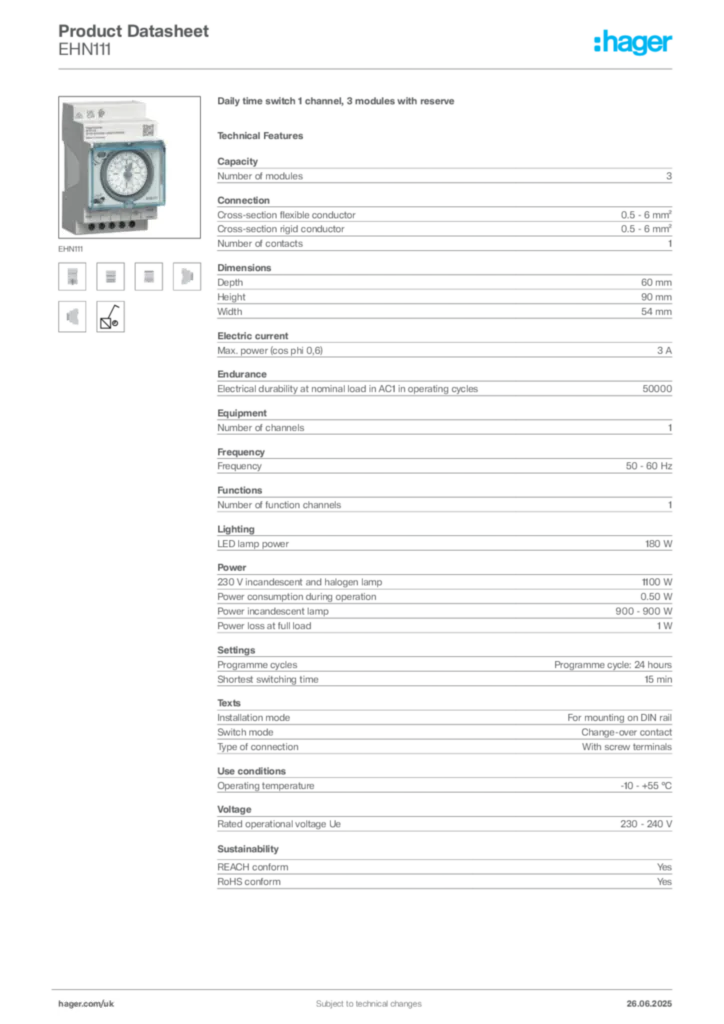 Image Hager Product data sheet EHN111  | Hager