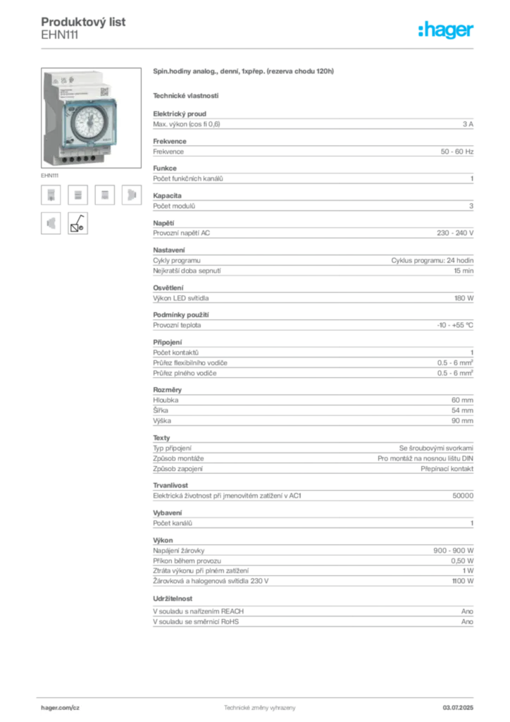 Obrázek Hager Produktový list EHN111 | Hager