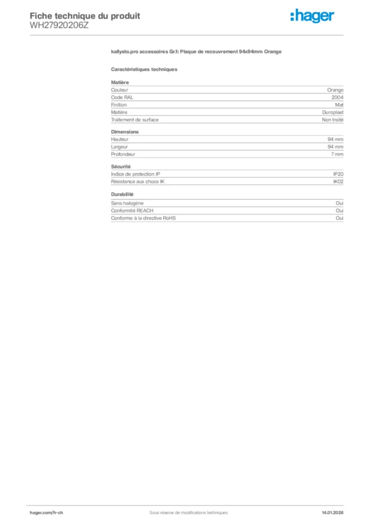 Image Hager Fiche technique du produit WH27920206Z | Hager Suisse
