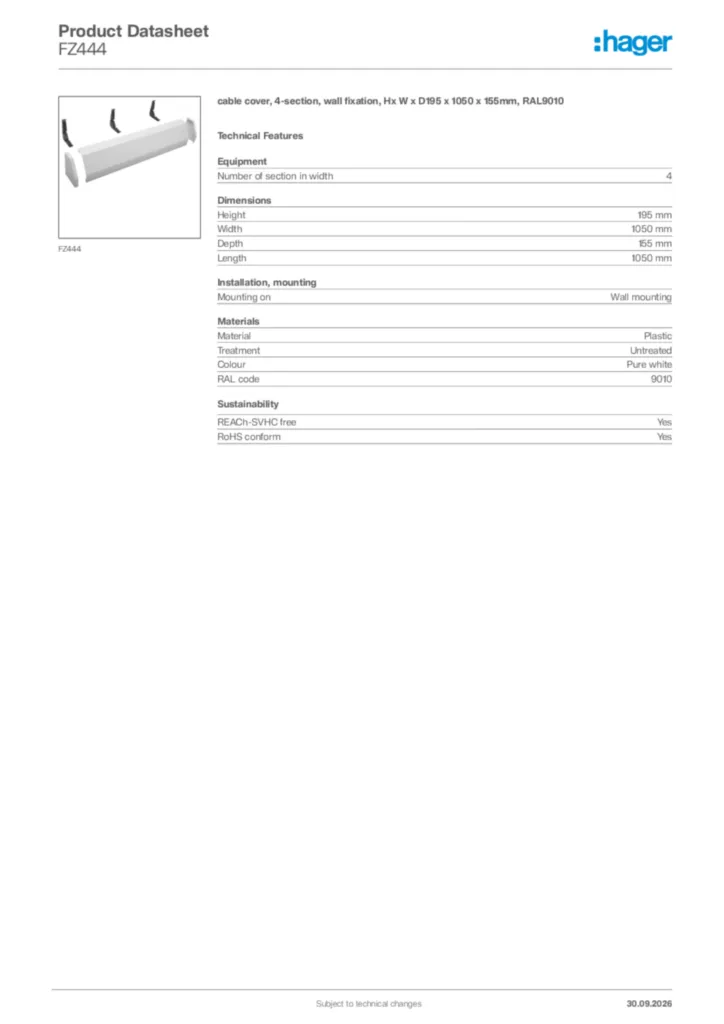 Image Hager Product data sheet FZ444  | Hager Africa