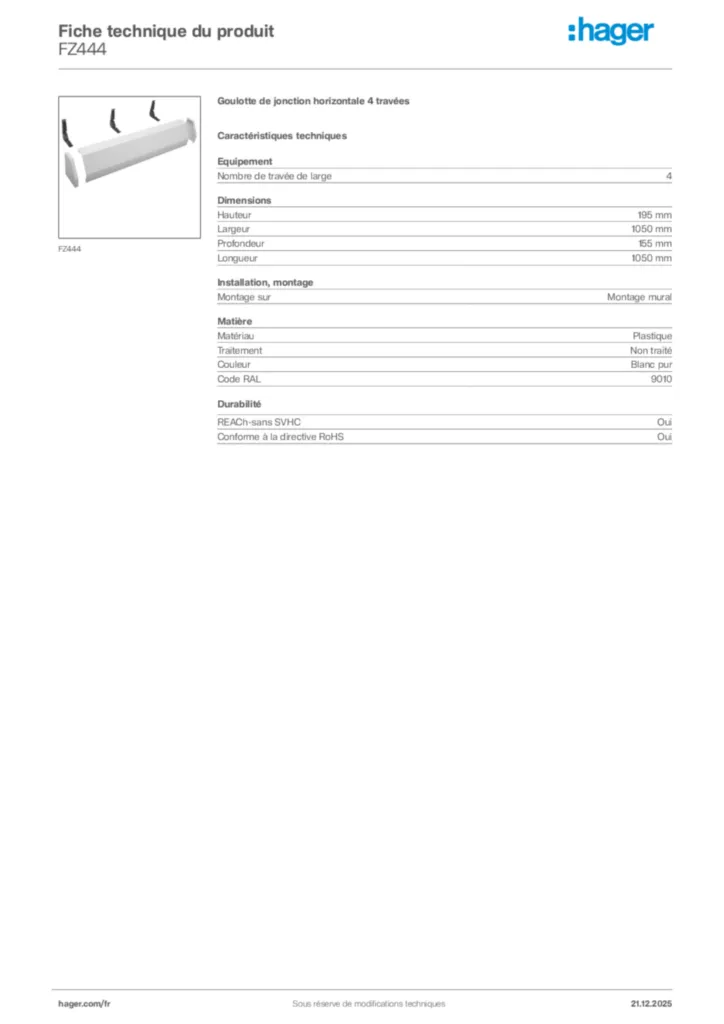 Image Hager Fiche technique du produit FZ444 | Hager France