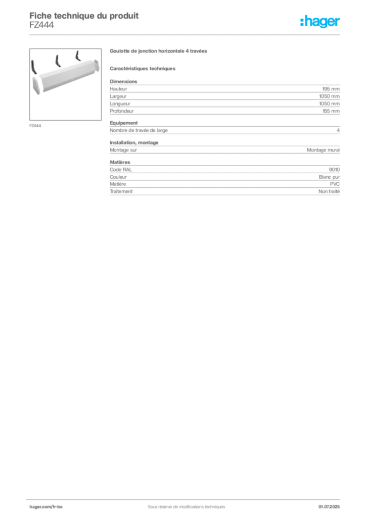 Image Hager Fiche technique du produit FZ444 | Hager Belgique