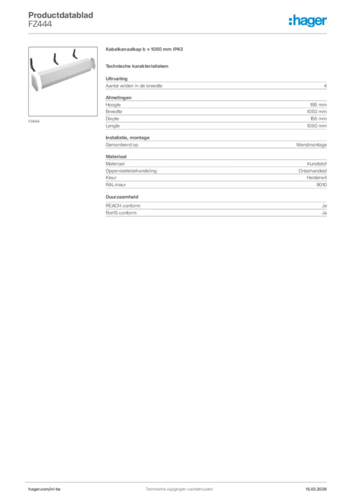 Afbeelding Hager Productdatablad FZ444 | Hager Belgium