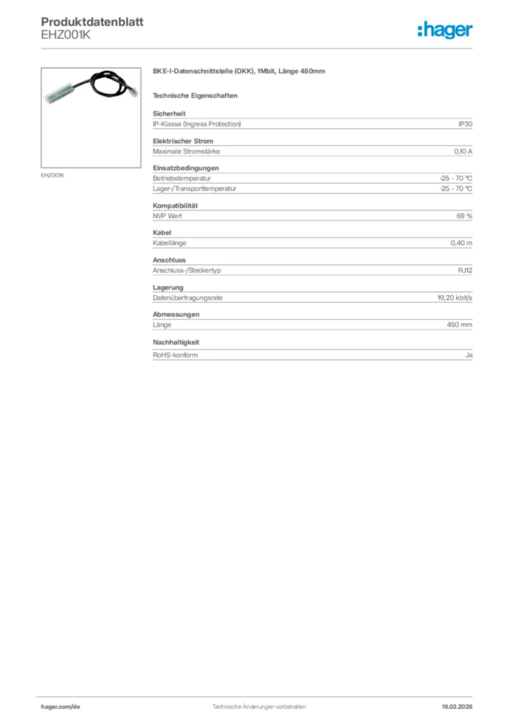 Bild Hager Produktdatenblatt EHZ001K | Hager Deutschland