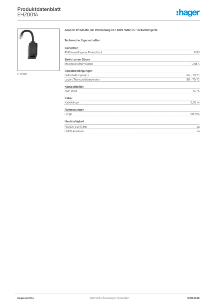 Bild Hager Produktdatenblatt EHZ001A | Hager Deutschland
