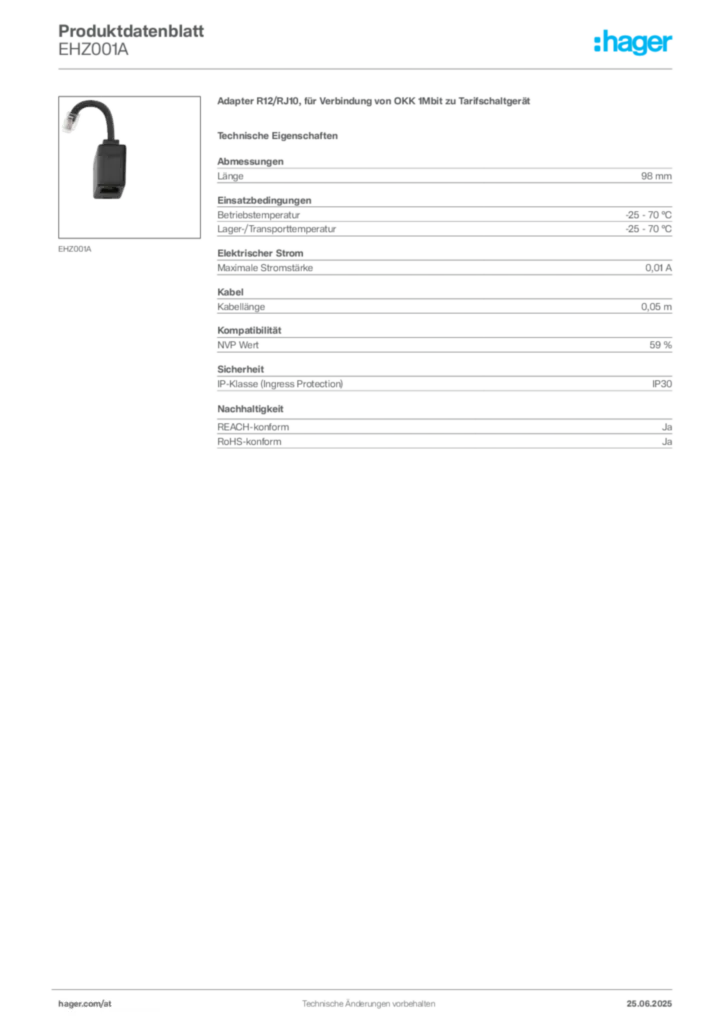 Bild Hager Produktdatenblatt EHZ001A | Hager Deutschland