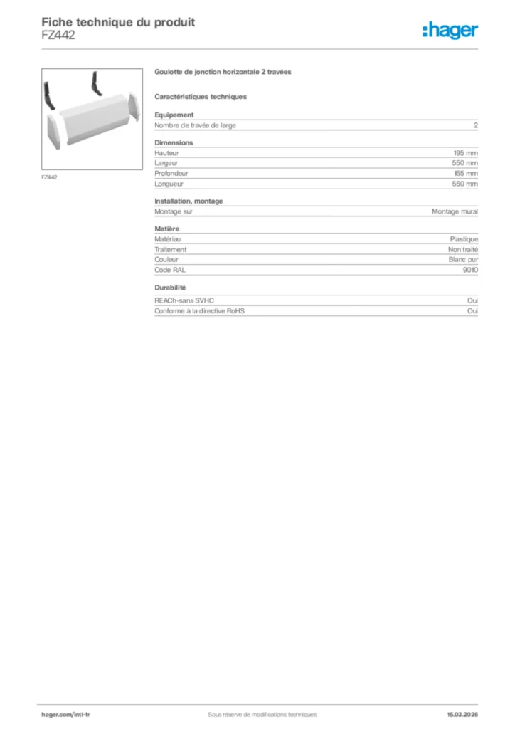 Image Hager Fiche technique du produit FZ442 | Hager Afrique