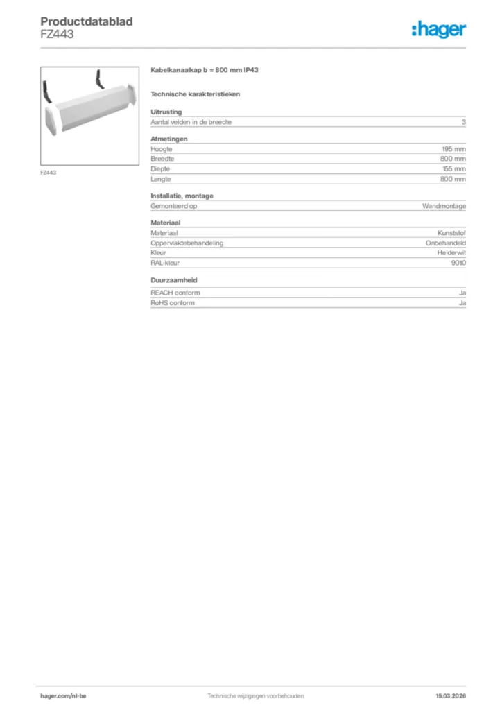 Afbeelding Hager Productdatablad FZ443 | Hager Belgium