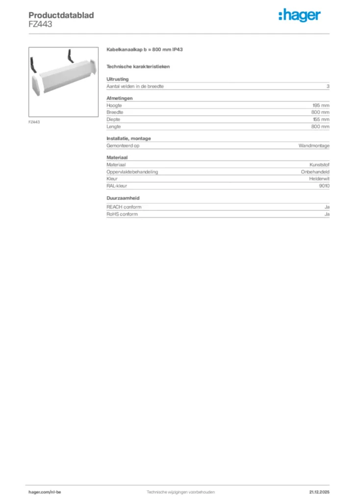 Afbeelding Hager Productdatablad FZ443 | Hager Belgium