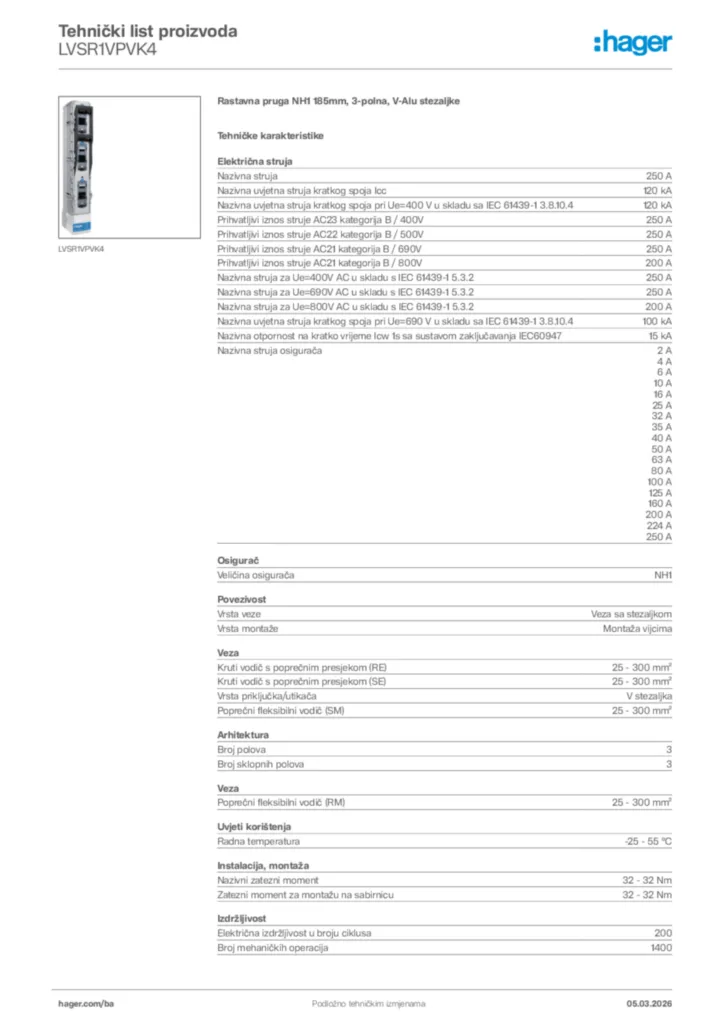 Slika Hager Tehnički list proizvoda LVSR1VPVK4  | Hager
