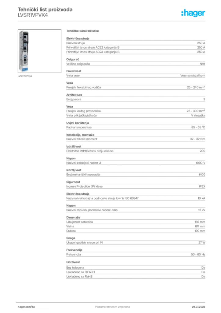 Slika Hager Product data sheet LVSR1VPVK4  | Hager