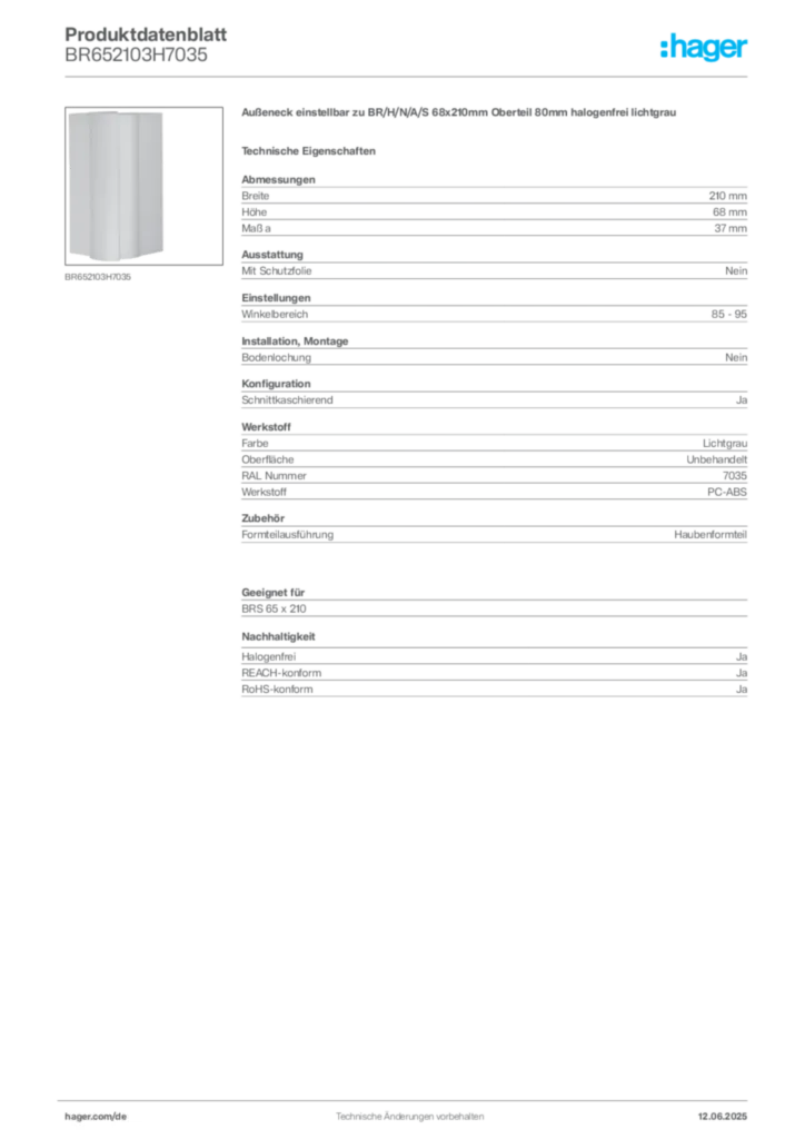 Bild Hager Produktdatenblatt BR652103H7035 | Hager Deutschland