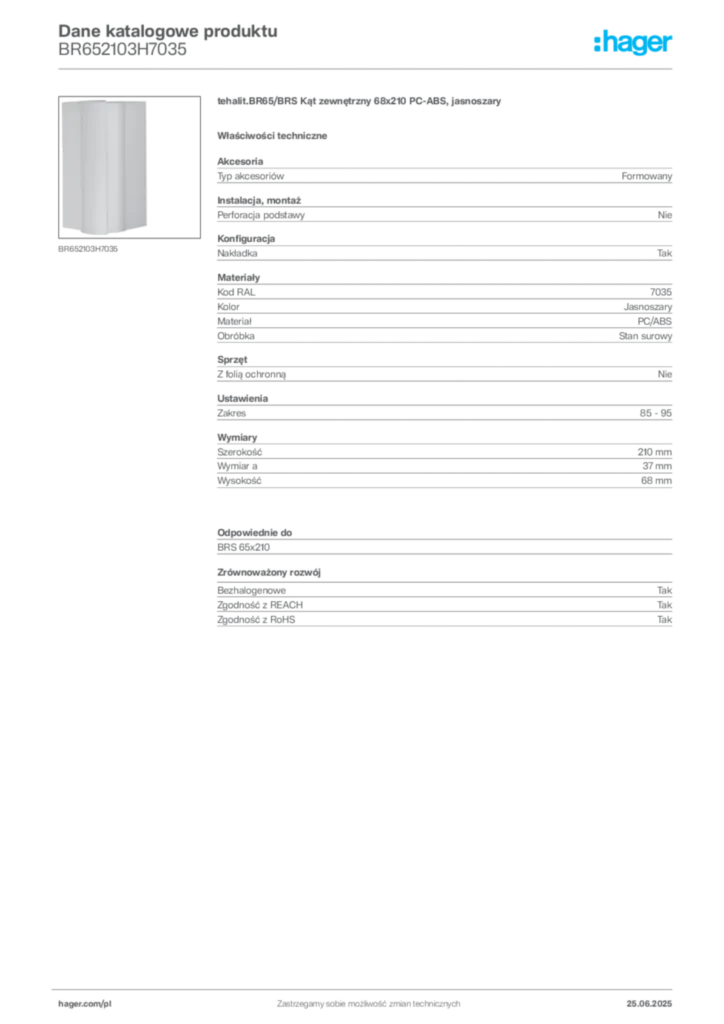 Zdjęcie Hager Dane katalogowe produktu BR652103H7035 | Hager Polska