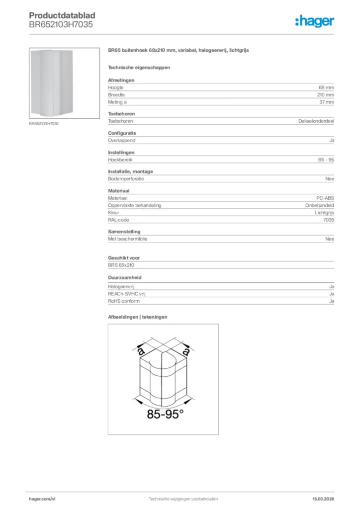 Afbeelding Hager Productdatablad BR652103H7035 | Hager Nederland
