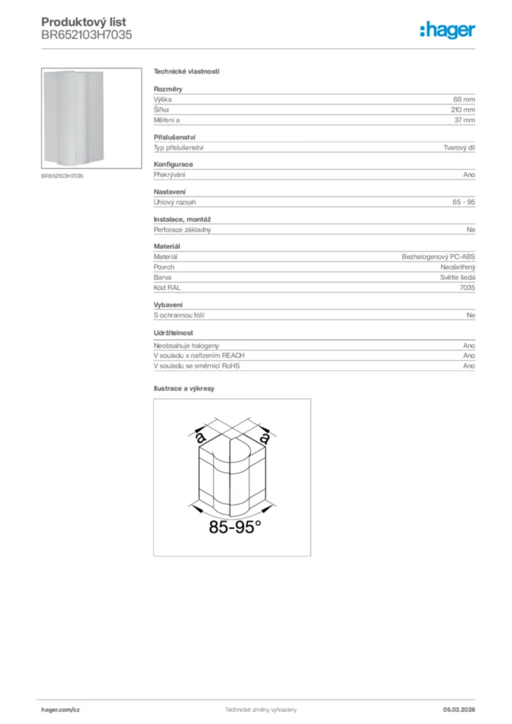 Obrázek Hager Product data sheet BR652103H7035 | Hager