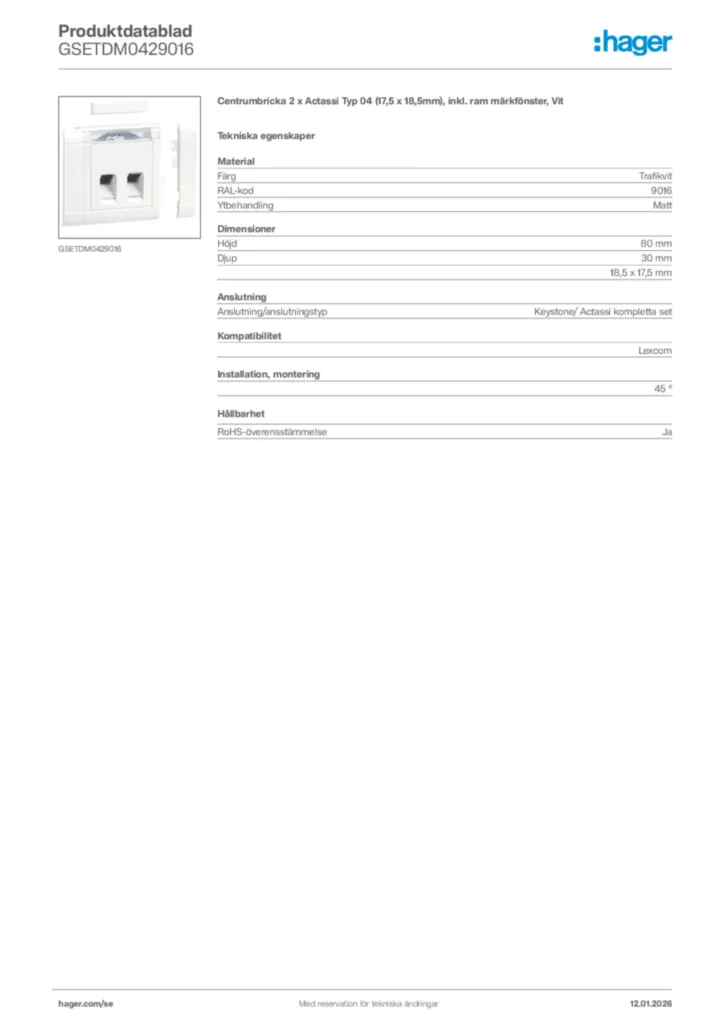 Bild Hager Produktdatablad GSETDM0429016 | Hager Sverige