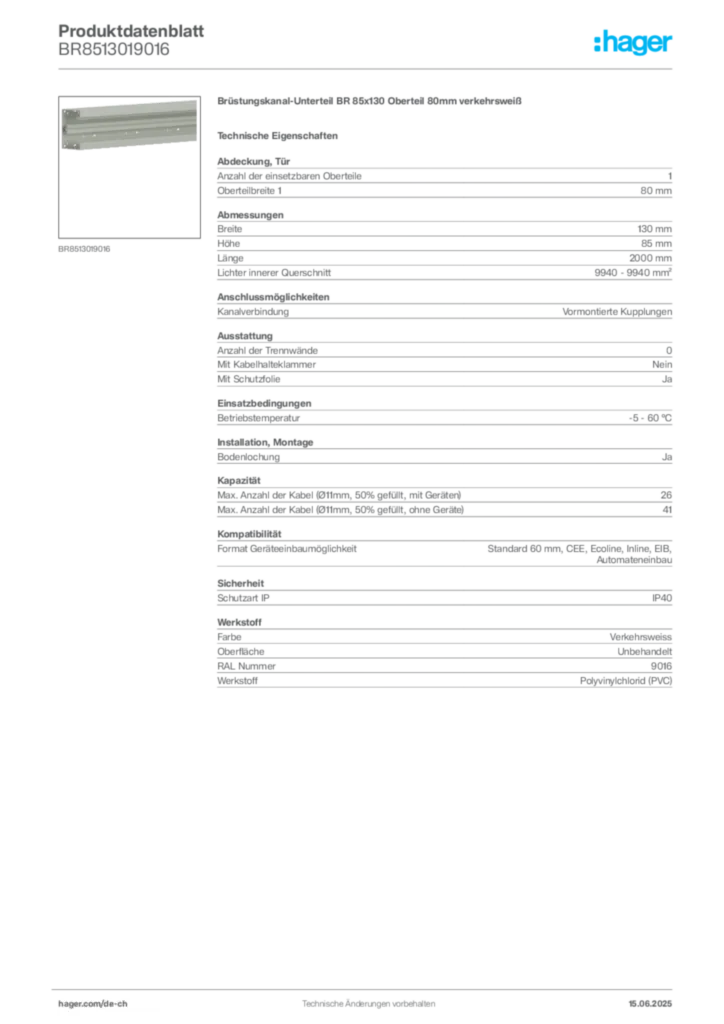 Bild Hager Produktdatenblatt BR8513019016 | Hager Schweiz