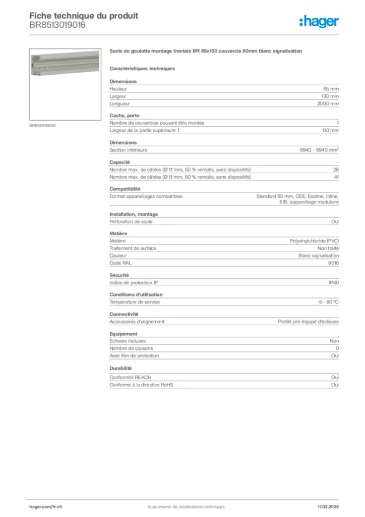 Image Hager Fiche technique du produit BR8513019016 | Hager Suisse