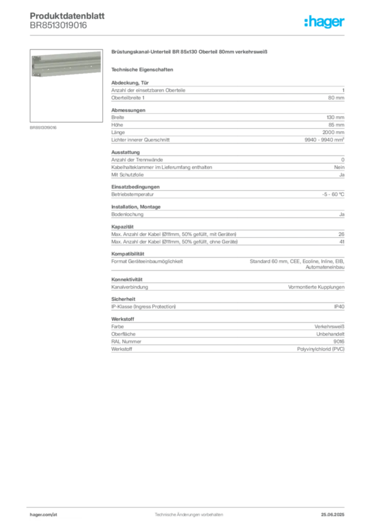 Bild Hager Produktdatenblatt BR8513019016 | Hager Deutschland