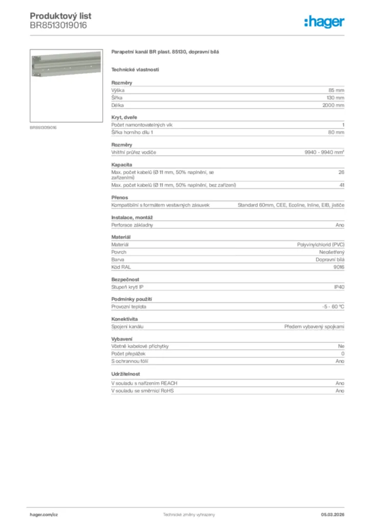 Obrázek Hager Product data sheet BR8513019016 | Hager