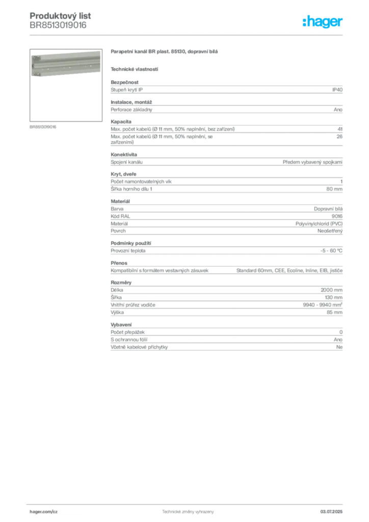 Obrázek Hager Produktový list BR8513019016 | Hager