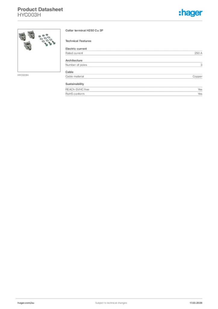 Image Hager Product data sheet HYC003H  | Hager Australia