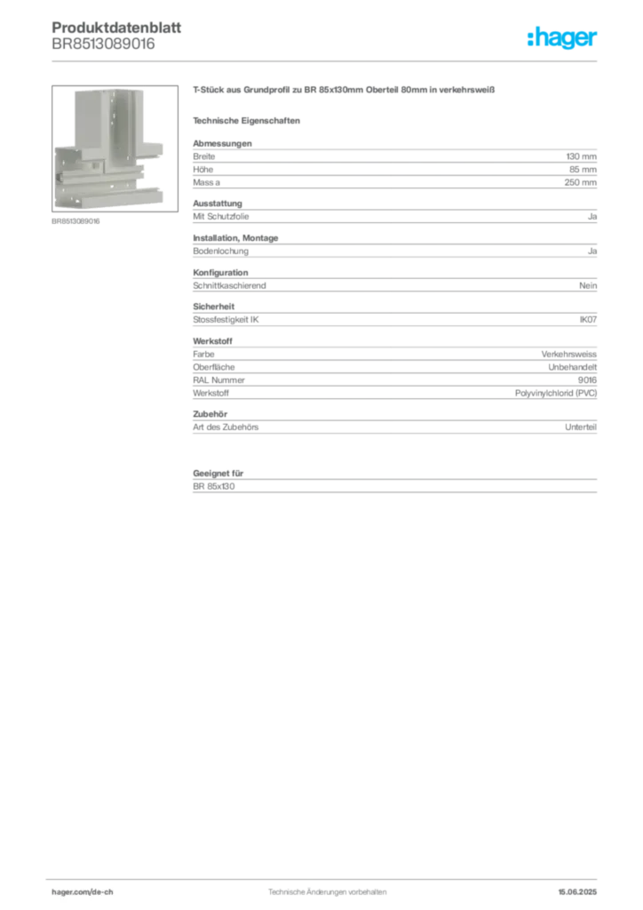 Bild Hager Produktdatenblatt BR8513089016 | Hager Schweiz