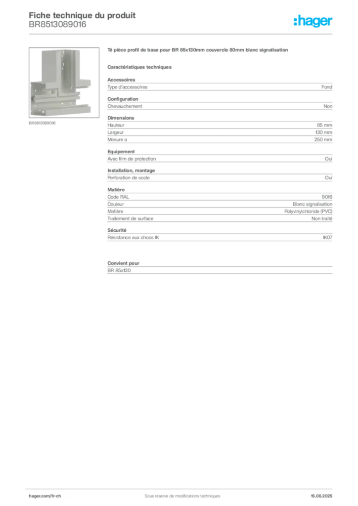 Image Hager Fiche technique du produit BR8513089016 | Hager Suisse