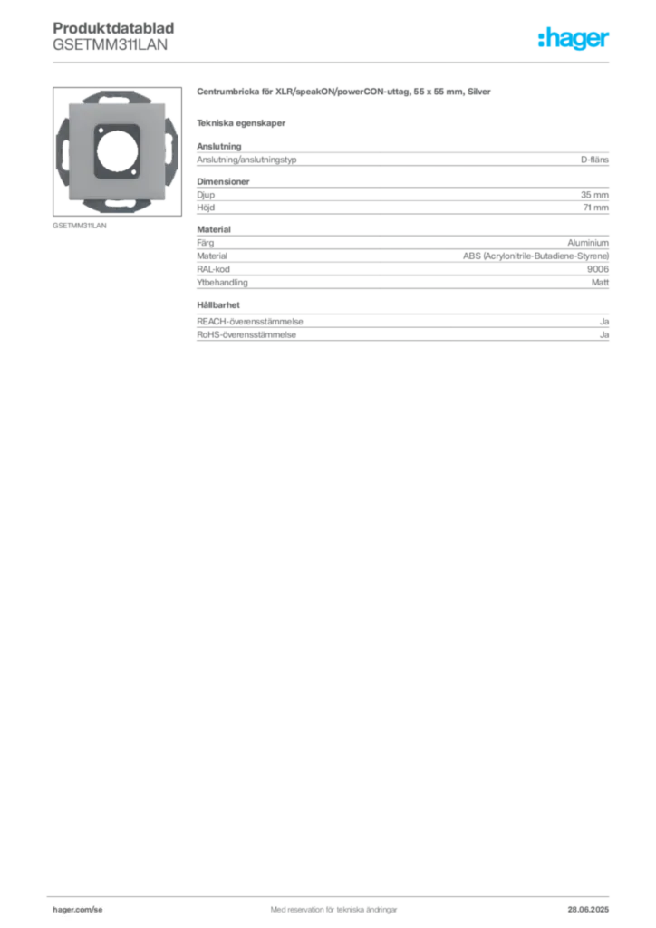 Bild Hager Produktdatablad GSETMM311LAN | Hager Sverige