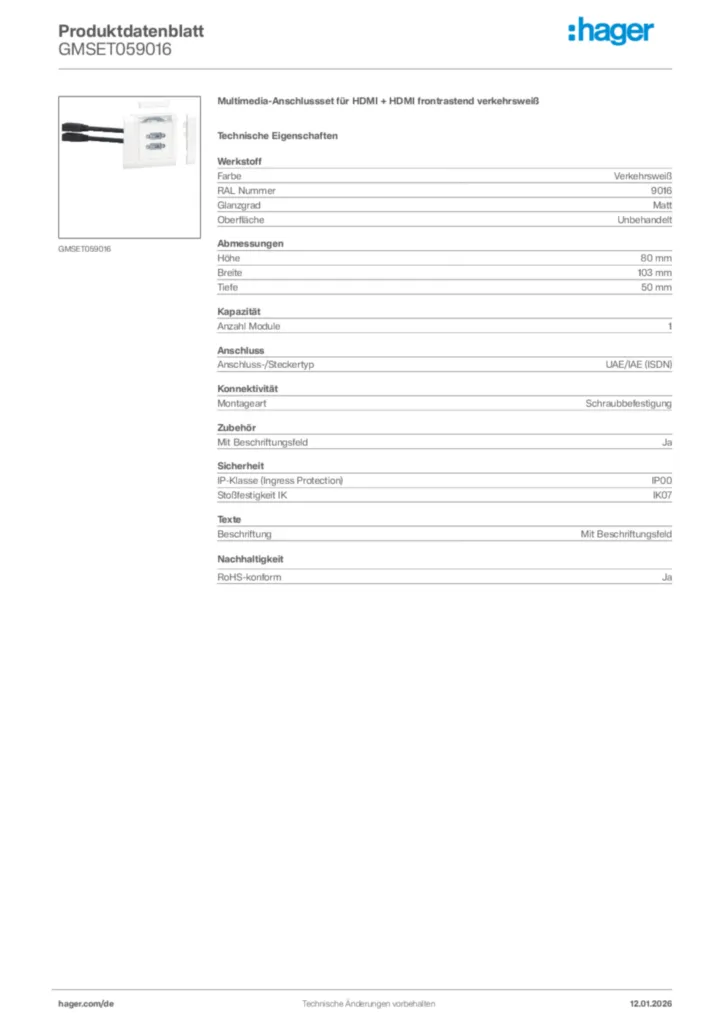 Bild Hager Produktdatenblatt GMSET059016 | Hager Deutschland