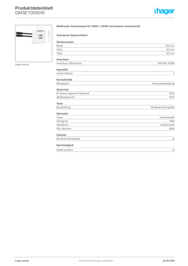 Bild Hager Produktdatenblatt GMSET059016 | Hager Deutschland