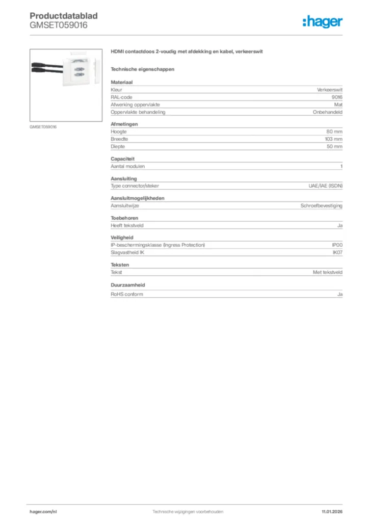 Afbeelding Hager Productdatablad GMSET059016 | Hager Nederland