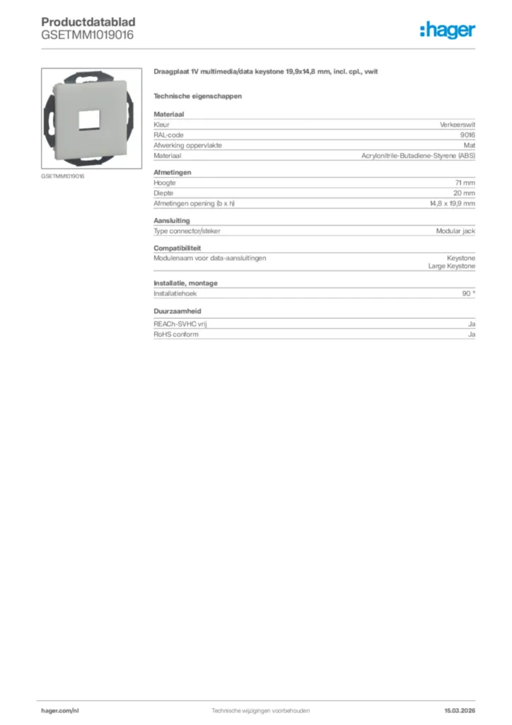 Afbeelding Hager Productdatablad GSETMM1019016 | Hager Nederland