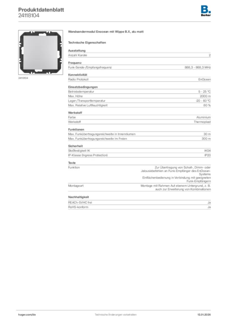 Bild Berker Produktdatenblatt 24118104 | Hager Deutschland