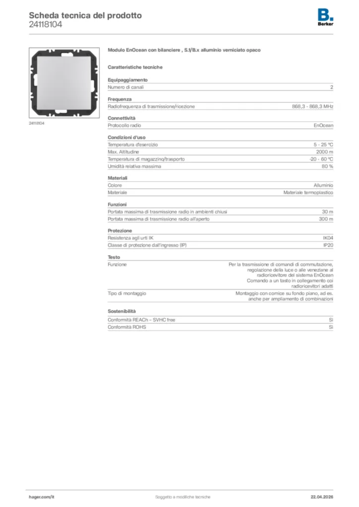 Immagine Berker Scheda tecnica del prodotto 24118104 | Hager Italia