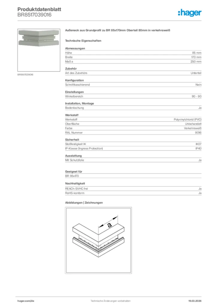 Bild Hager Produktdatenblatt BR8517039016 | Hager Deutschland