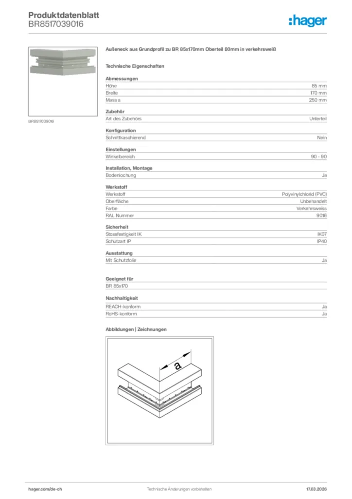 Bild Hager Produktdatenblatt BR8517039016 | Hager Schweiz