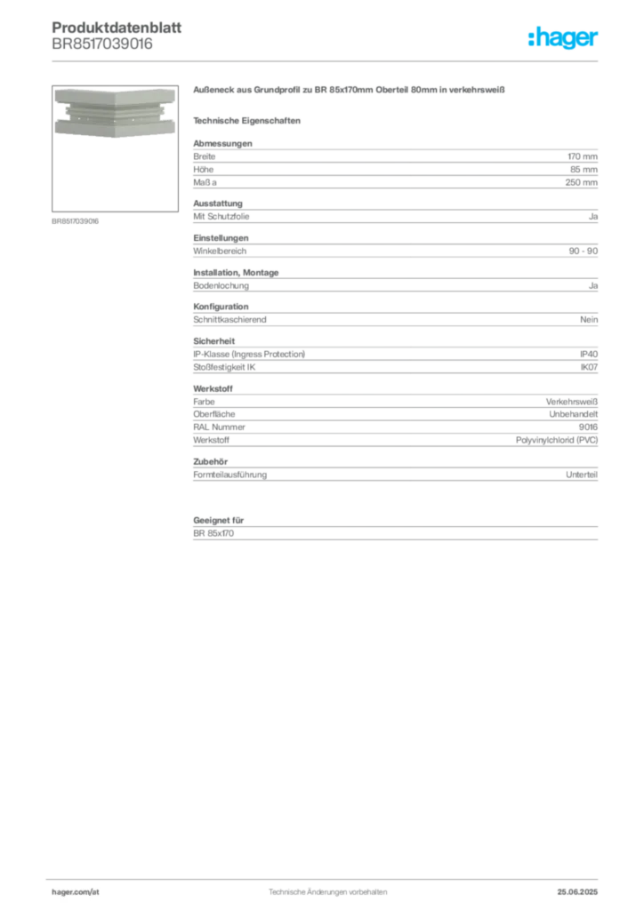 Bild Hager Produktdatenblatt BR8517039016 | Hager Deutschland