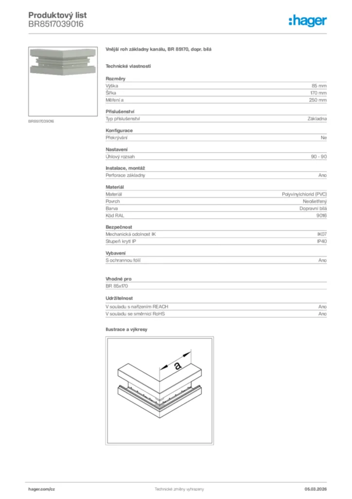 Obrázek Hager Product data sheet BR8517039016 | Hager