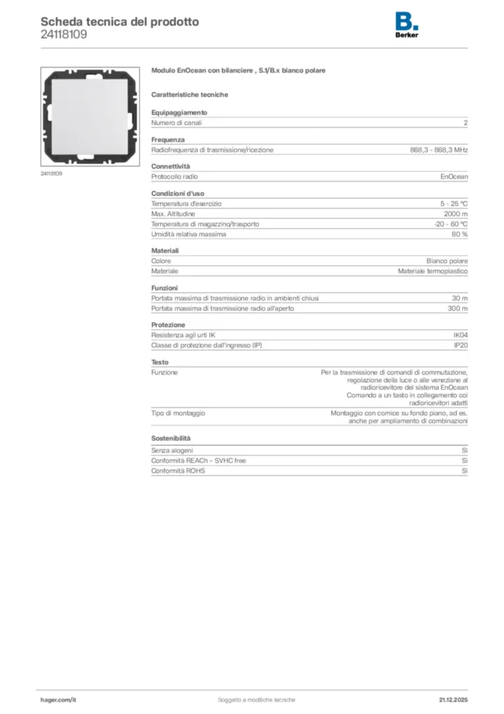 Immagine Berker Scheda tecnica del prodotto 24118109 | Hager Italia