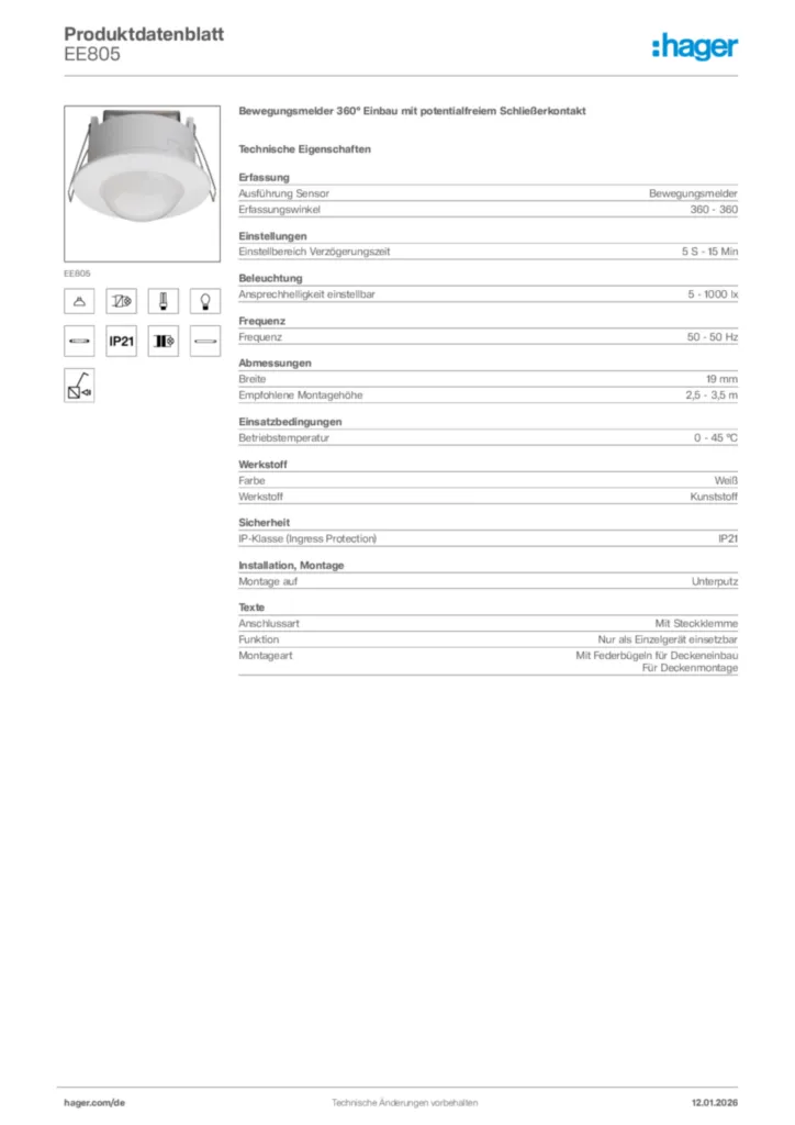Bild Hager Produktdatenblatt EE805 | Hager Deutschland