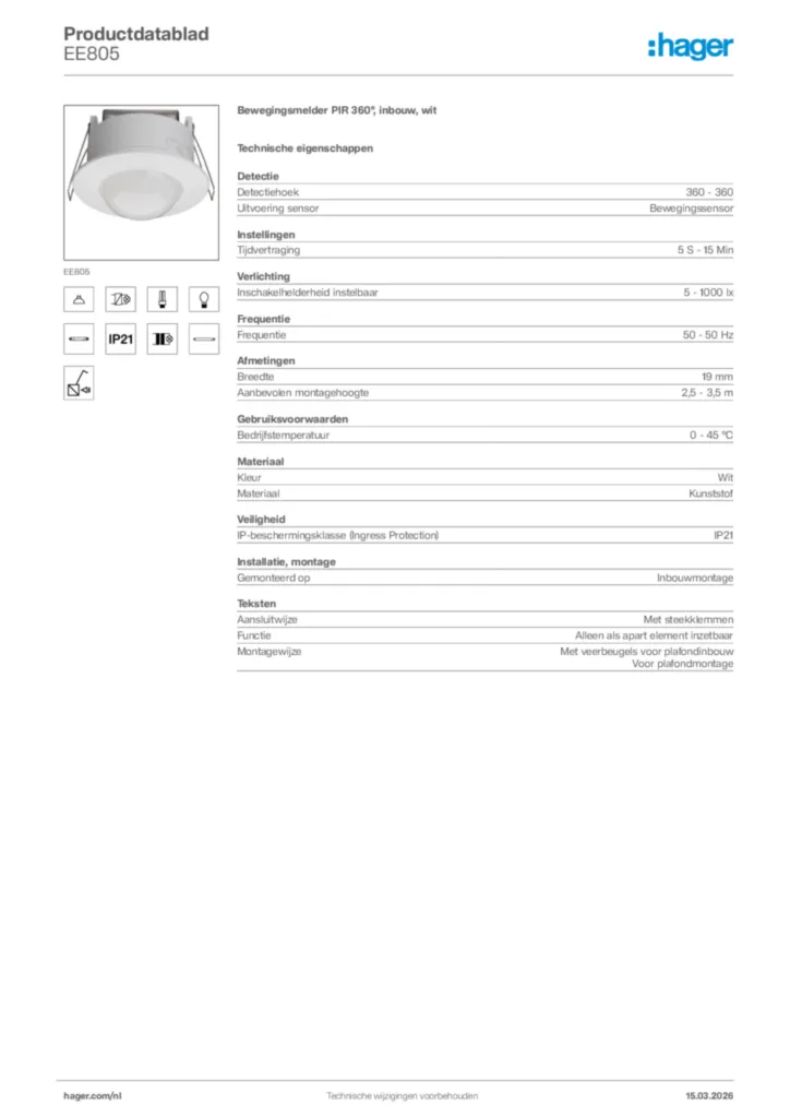 Afbeelding Hager Productdatablad EE805 | Hager Nederland