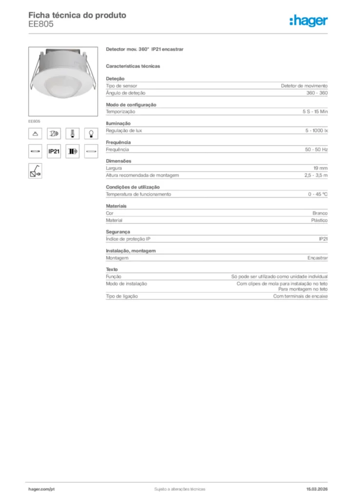 Imagem Hager Ficha técnica do produto EE805 | Hager Portugal