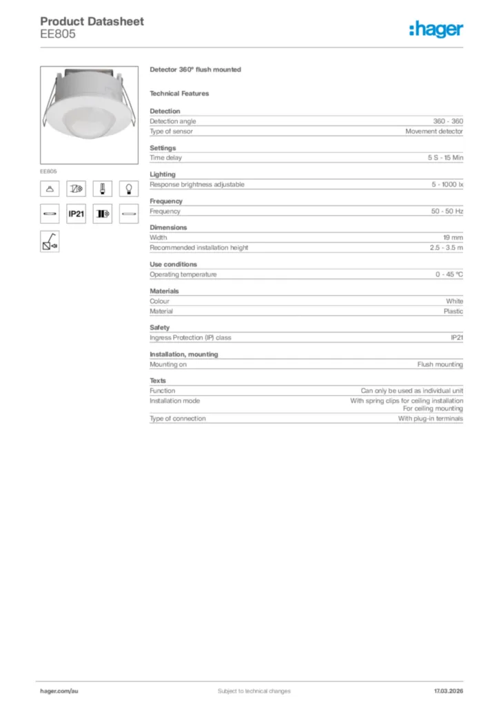 Image Hager Product data sheet EE805  | Hager Australia