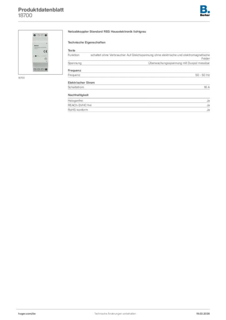 Bild Berker Produktdatenblatt 18700 | Hager Deutschland